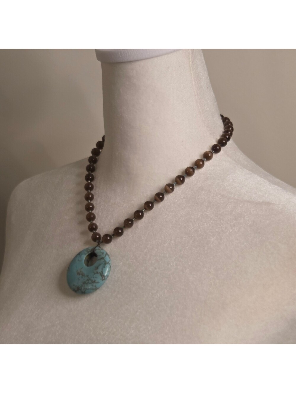 Turquoise Blue Circle Donut Pendant Necklace w/ Brown Beaded Chain Boho Western - Picture 2 of 4